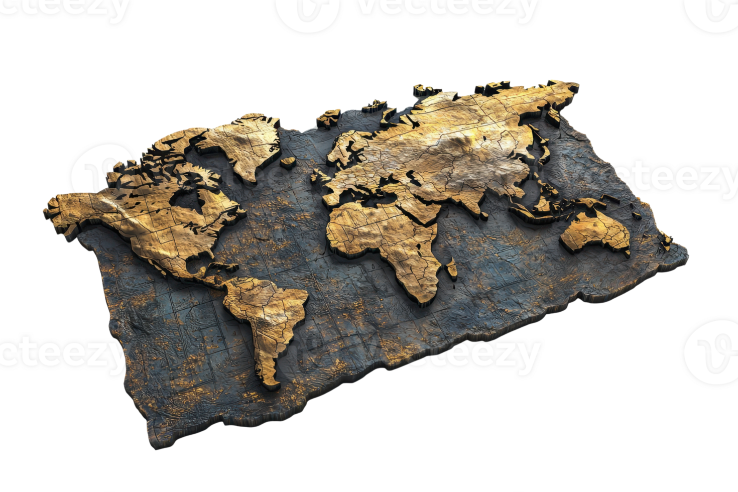 3D rendered artistic world map with gold textures on a dark background representing continents and geography. png
