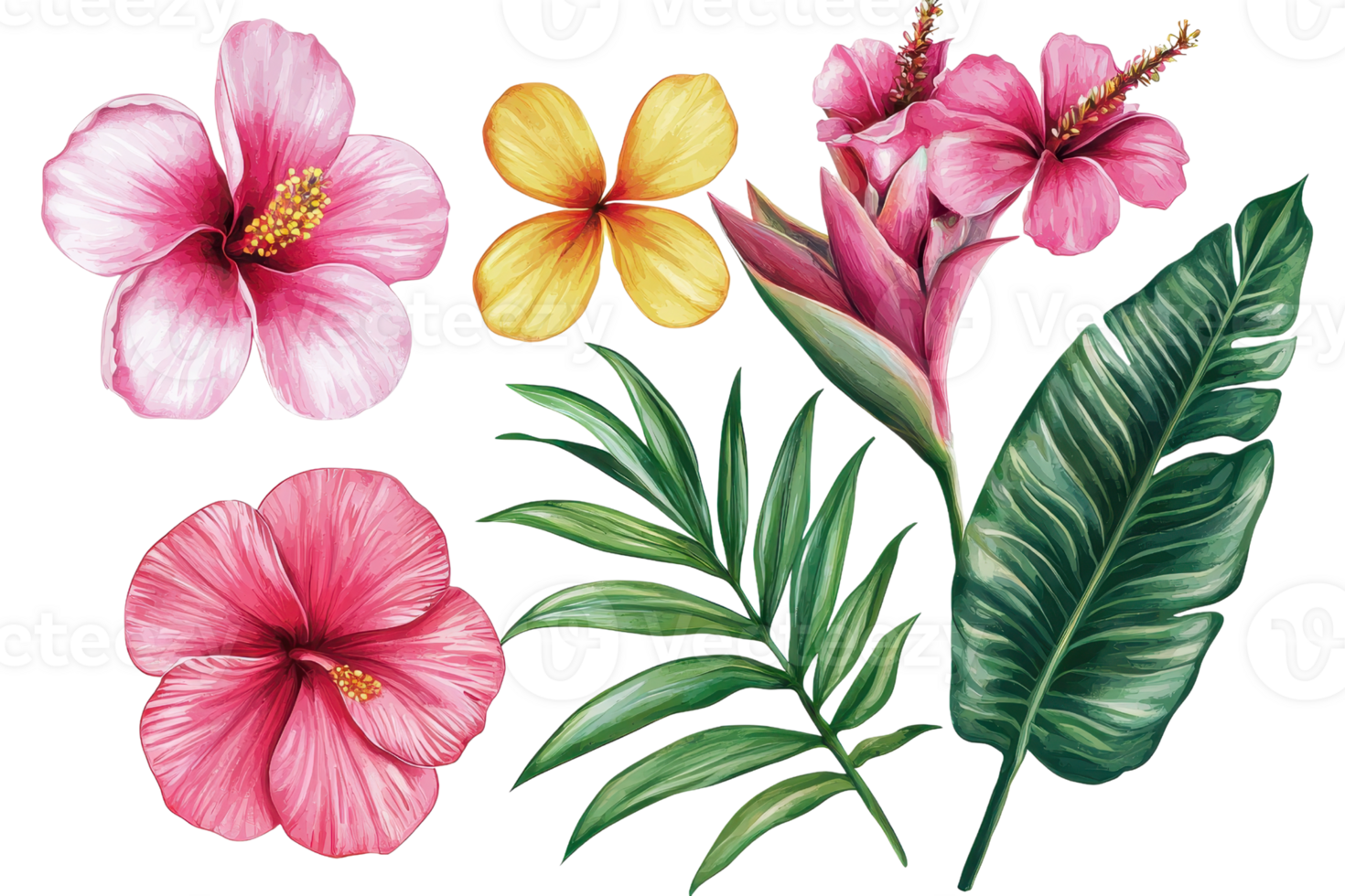 Vibrant tropical floral arrangement with hibiscus and palm leaves, perfect for summer-themed designs and nature-inspired projects. png