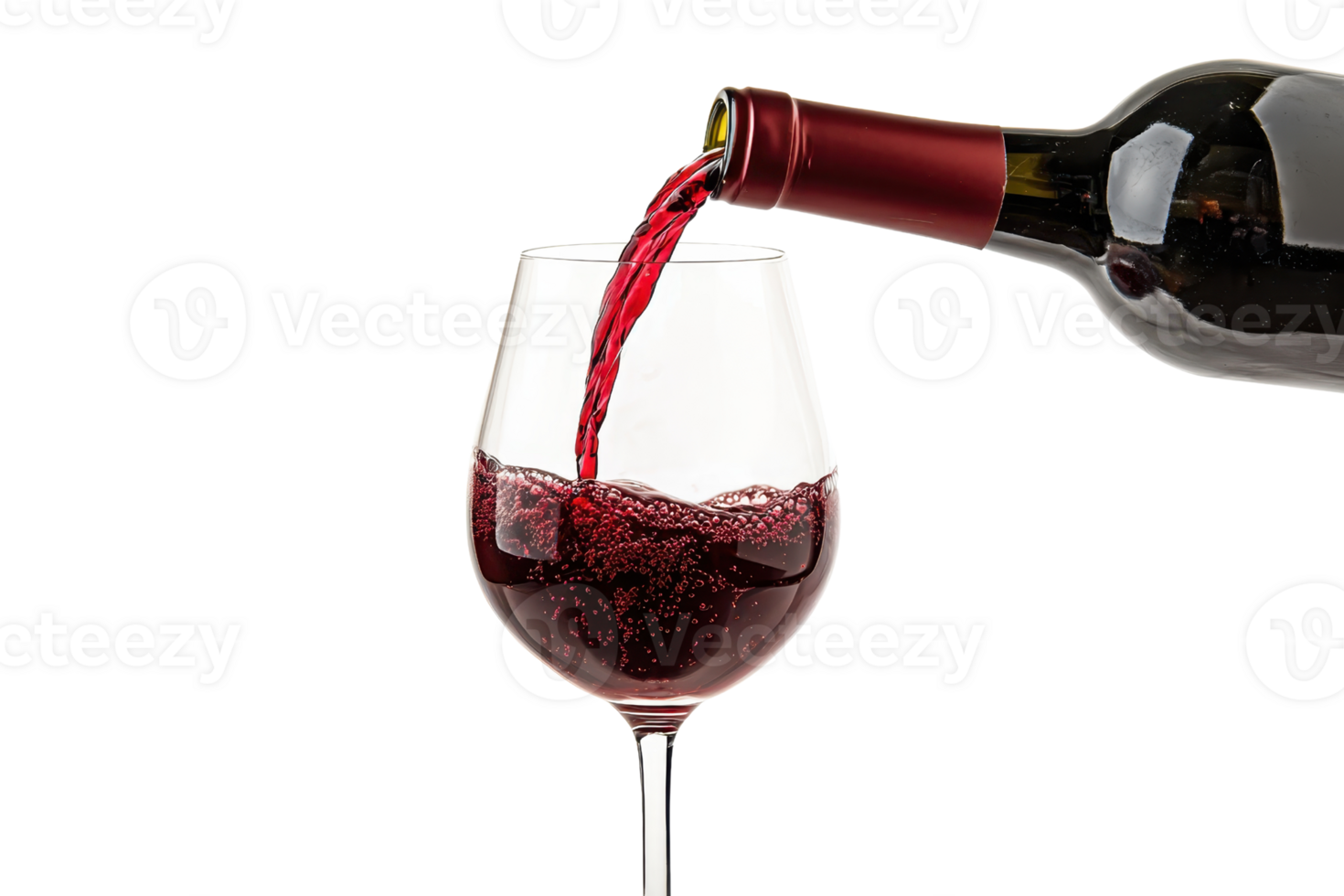 A bottle of red wine being poured into a wine glass, showcasing the rich color and texture against a transparent background. png