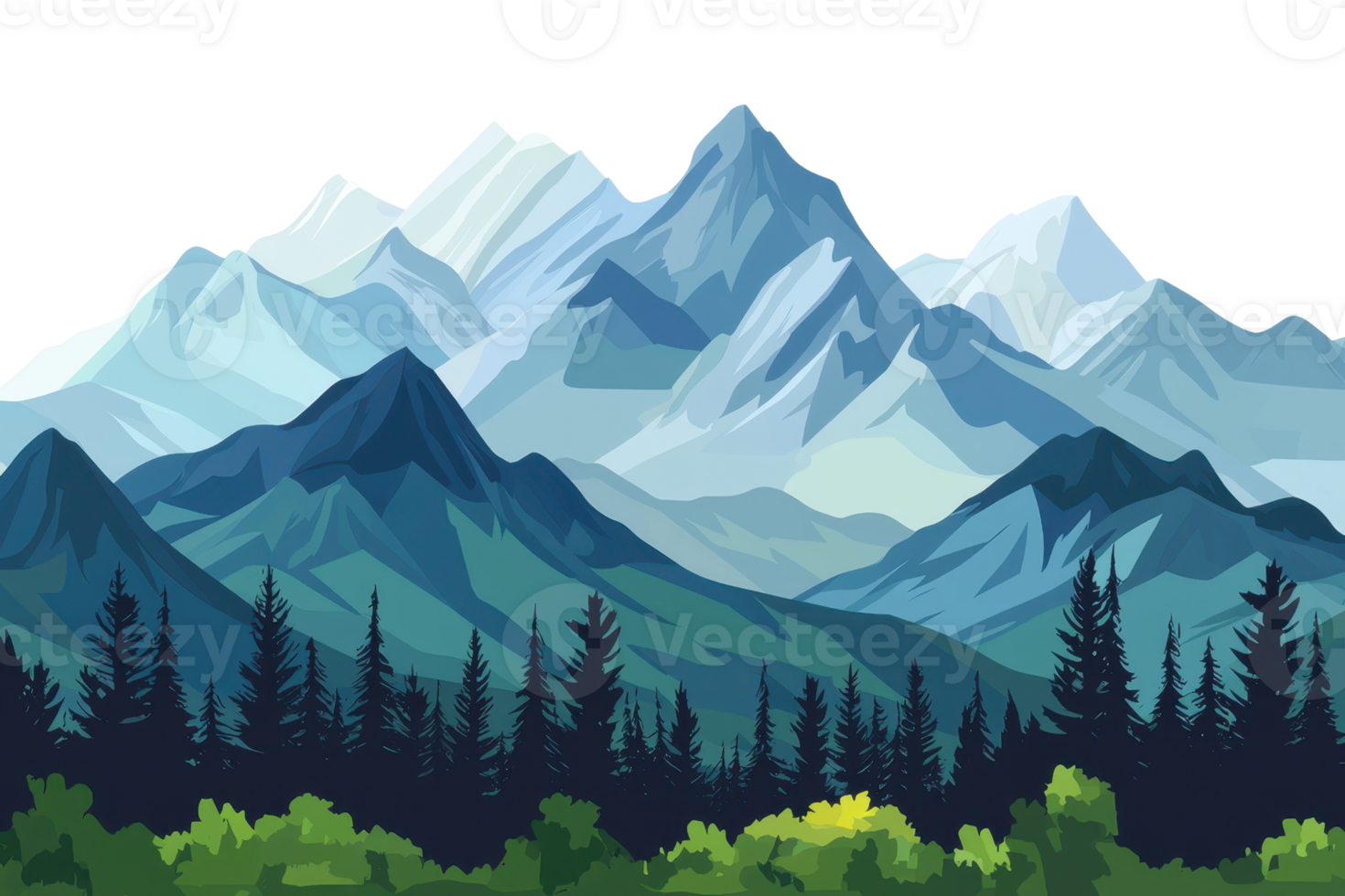 A beautiful digital illustration of a mountainous landscape with lush forests and snowy peaks. Perfect for nature-inspired design projects. png