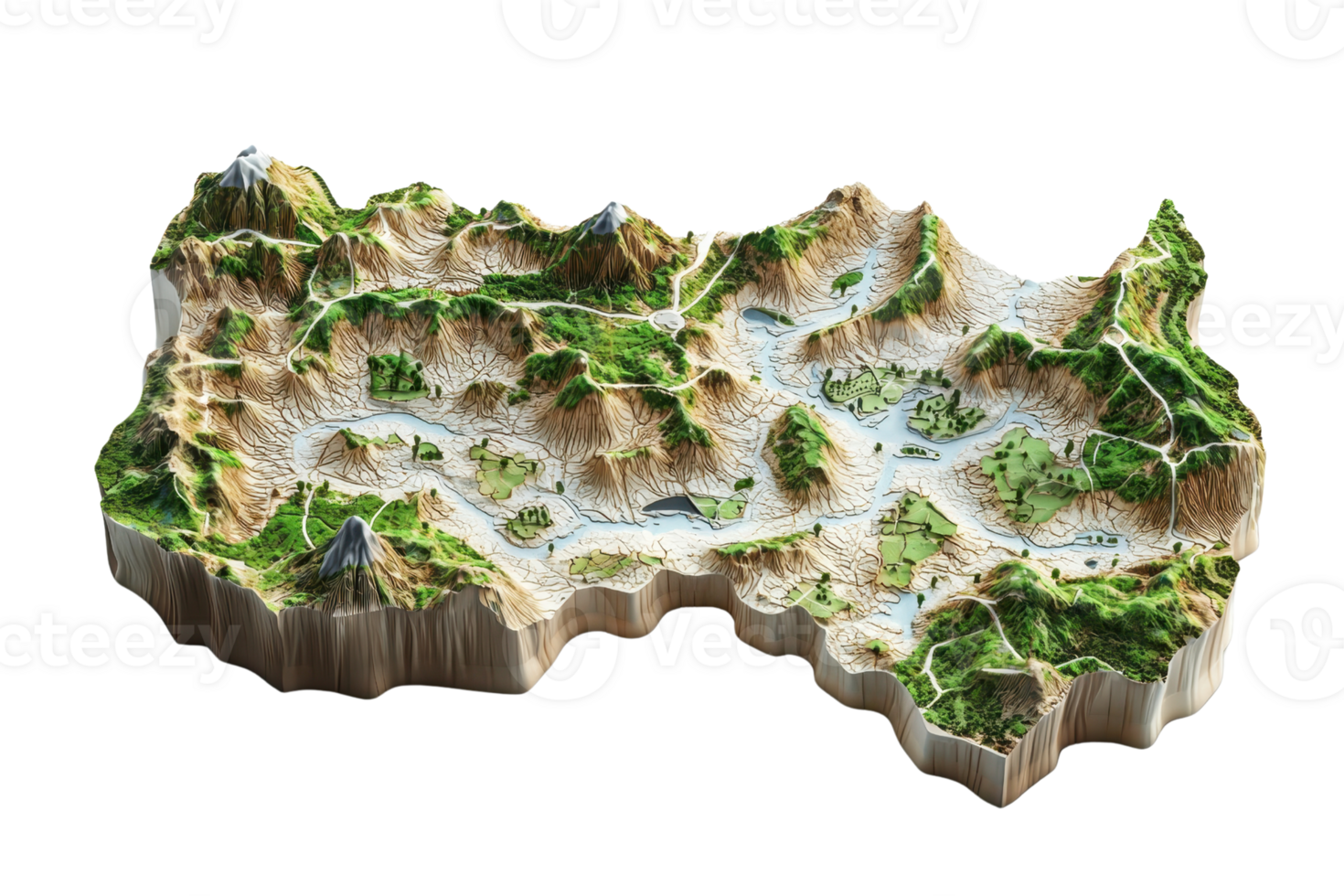 3D topographic map model showcasing mountains, valleys, and terrain variations with realistic elevation details. png