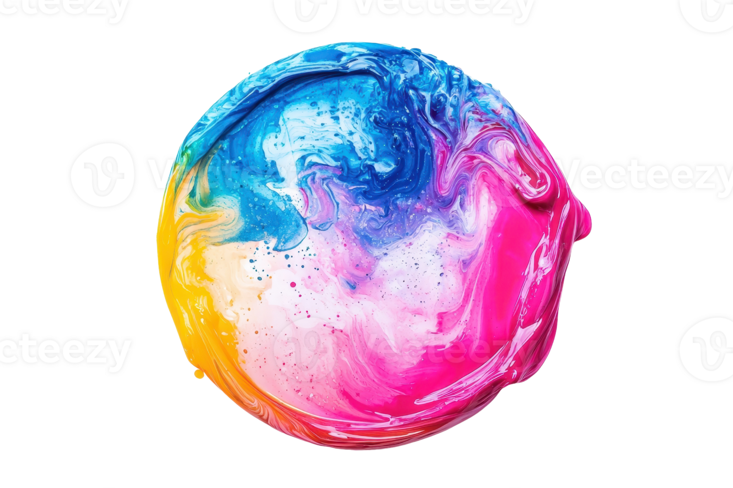 Vibrant swirl of colorful paint blending pink, blue, and yellow in a circular pattern, creating an abstract art piece on a transparent background. png