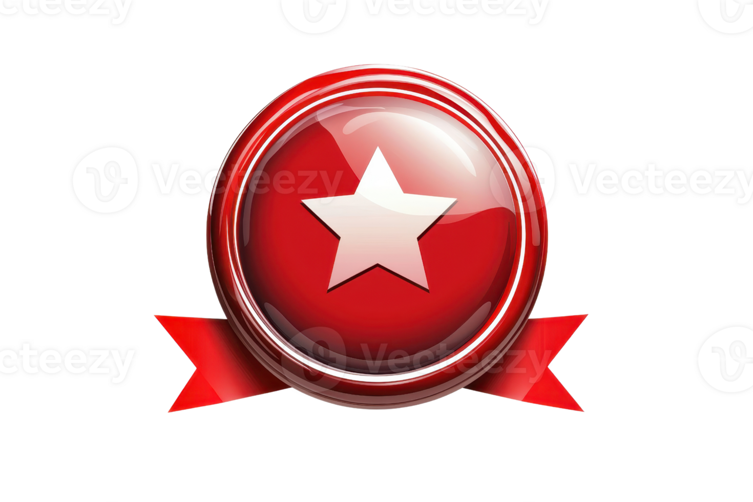 Shiny red badge with white star and ribbon. Ideal for award, achievement, certification, quality, or excellence representations. png