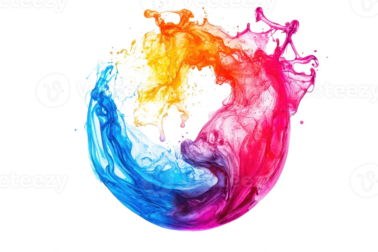 Vibrant swirl of colorful paint splashes creating a dynamic and artistic circle on a transparent background. png