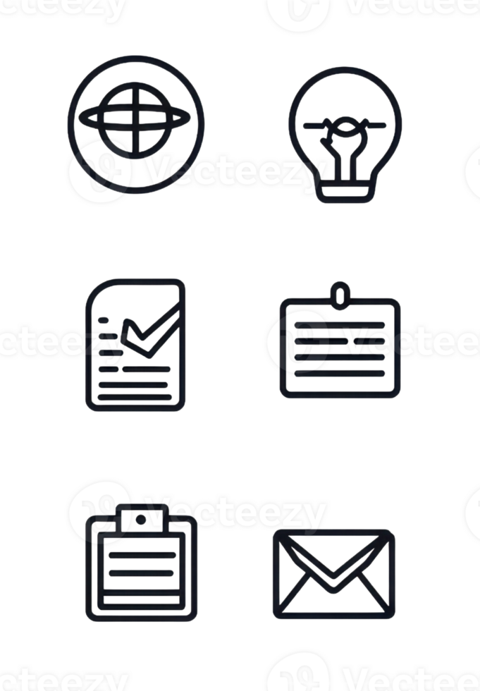 Set of six black outline icons including globe, light bulb, graph, document, calendar, and envelope. Suitable for business and communication themes. png