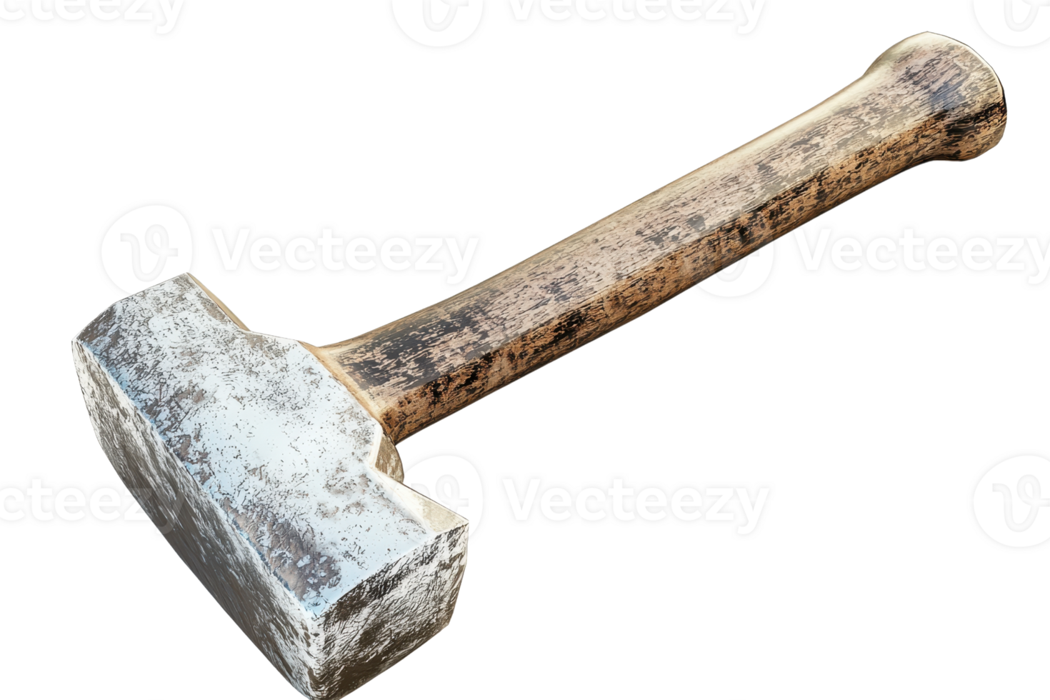 Old, rustic sledgehammer with a worn wooden handle and metal head, isolated on transparent background. Ideal for construction, demolition, and DIY projects. png