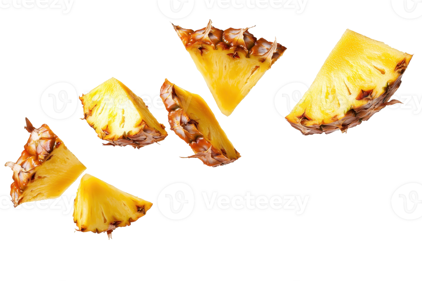 Sliced pineapple pieces isolated on transparent background. Fresh tropical fruit cut into chunks. Vibrant yellow fruit with brown outer skin. png