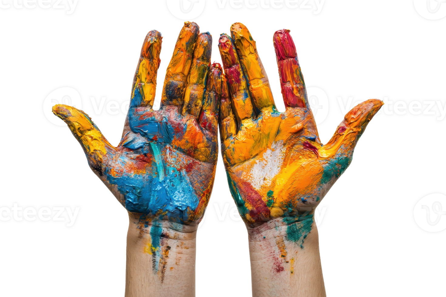 Colorful painted hands showing bright creativity and artistic expression, perfect for illustrating creative projects or art activities. png