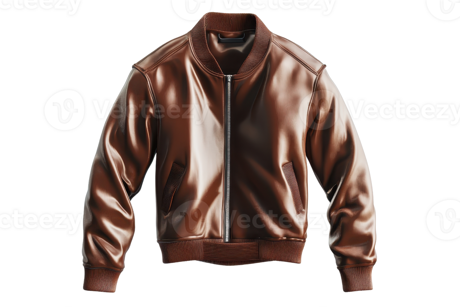 Stylish brown leather jacket with zip closure, perfect for a trendy and fashionable look in any season. png