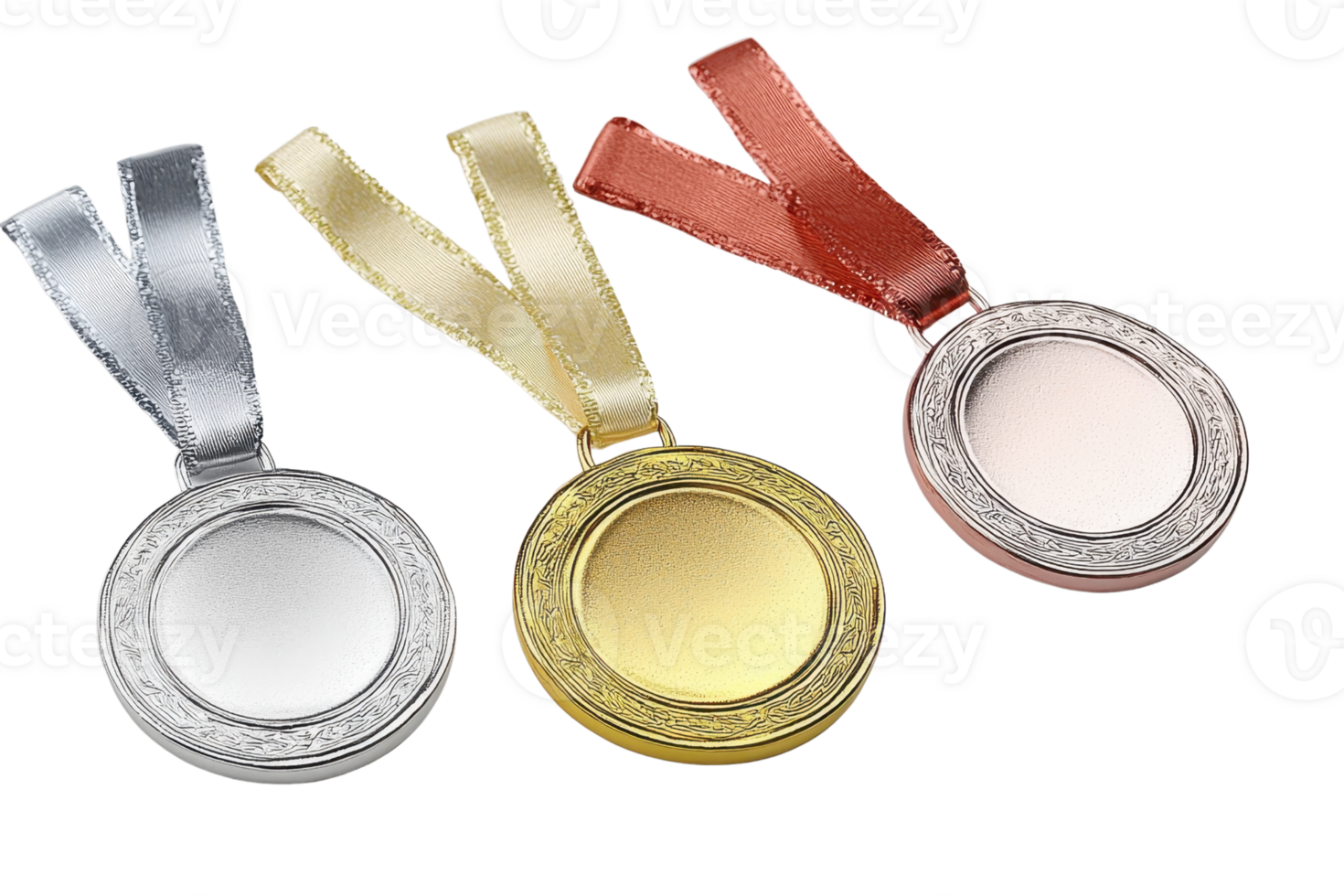 Three blank sport medals in gold, silver, and bronze with ribbons. Ideal for awards, achievements, and competitions. png