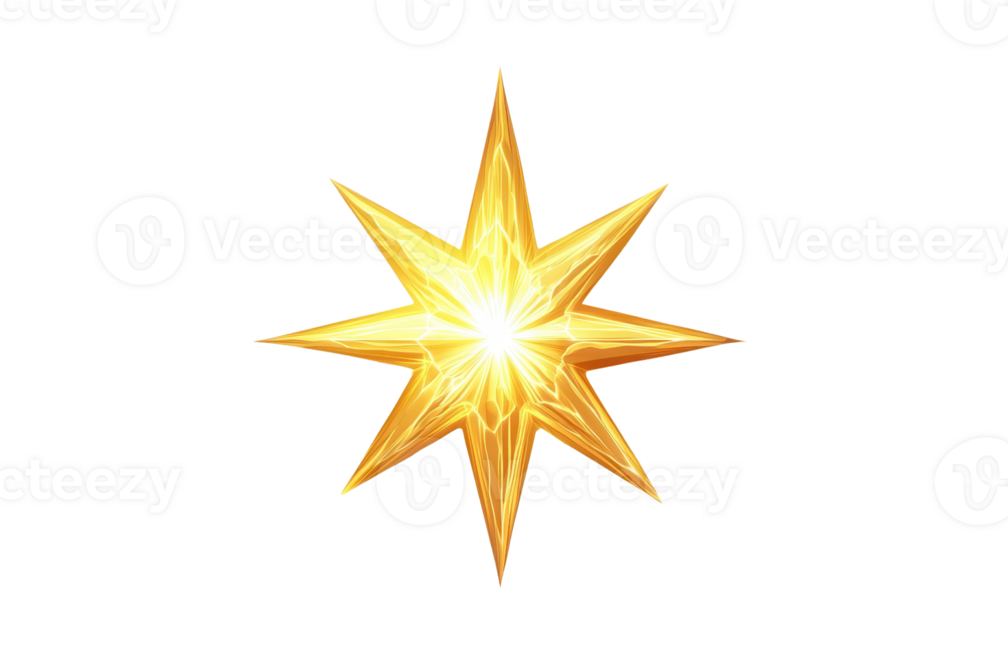 Radiant golden star with eight points, glowing bright against a transparent background, perfect for festive and decorative designs. png