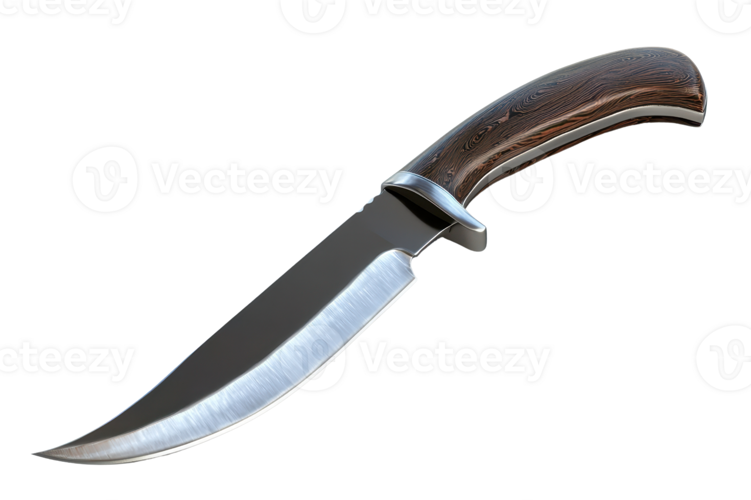 Close-up of a sharp hunting knife with a wooden handle, perfect for outdoor adventures and survival enthusiasts. png