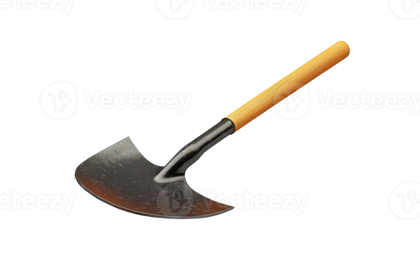 Close-up image of a curved garden hoe with a wooden handle isolated on transparent background. ideal for gardening or agricultural illustrations. png