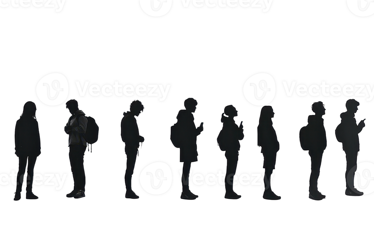 Silhouettes of people standing in a line, isolated on a transparent background. waiting and using their phones. png