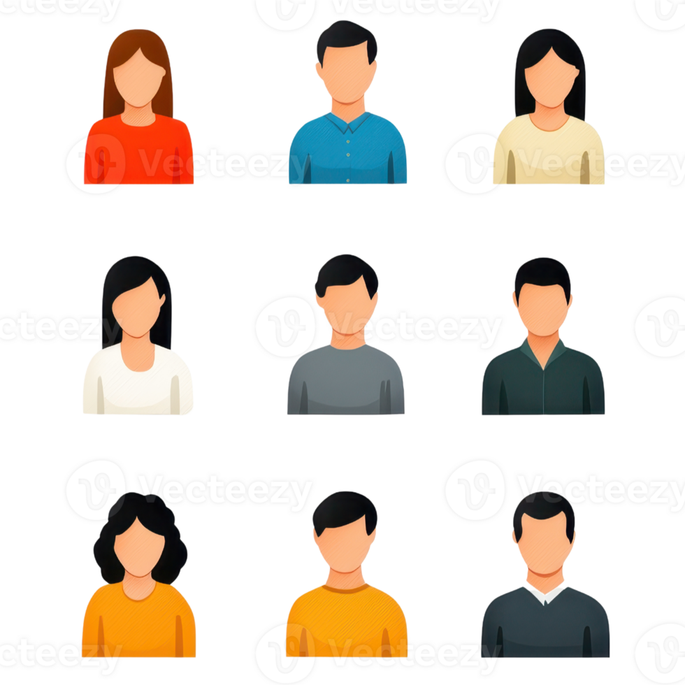 illustration of diverse male and female avatars. Perfect for representing user profiles on social media, websites, and applications. png