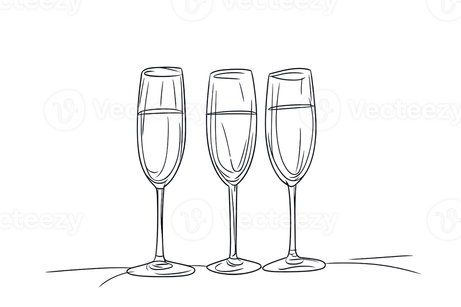 Minimalist line drawing of three champagne glasses, perfect for celebrations, toasts, and elegant events. png