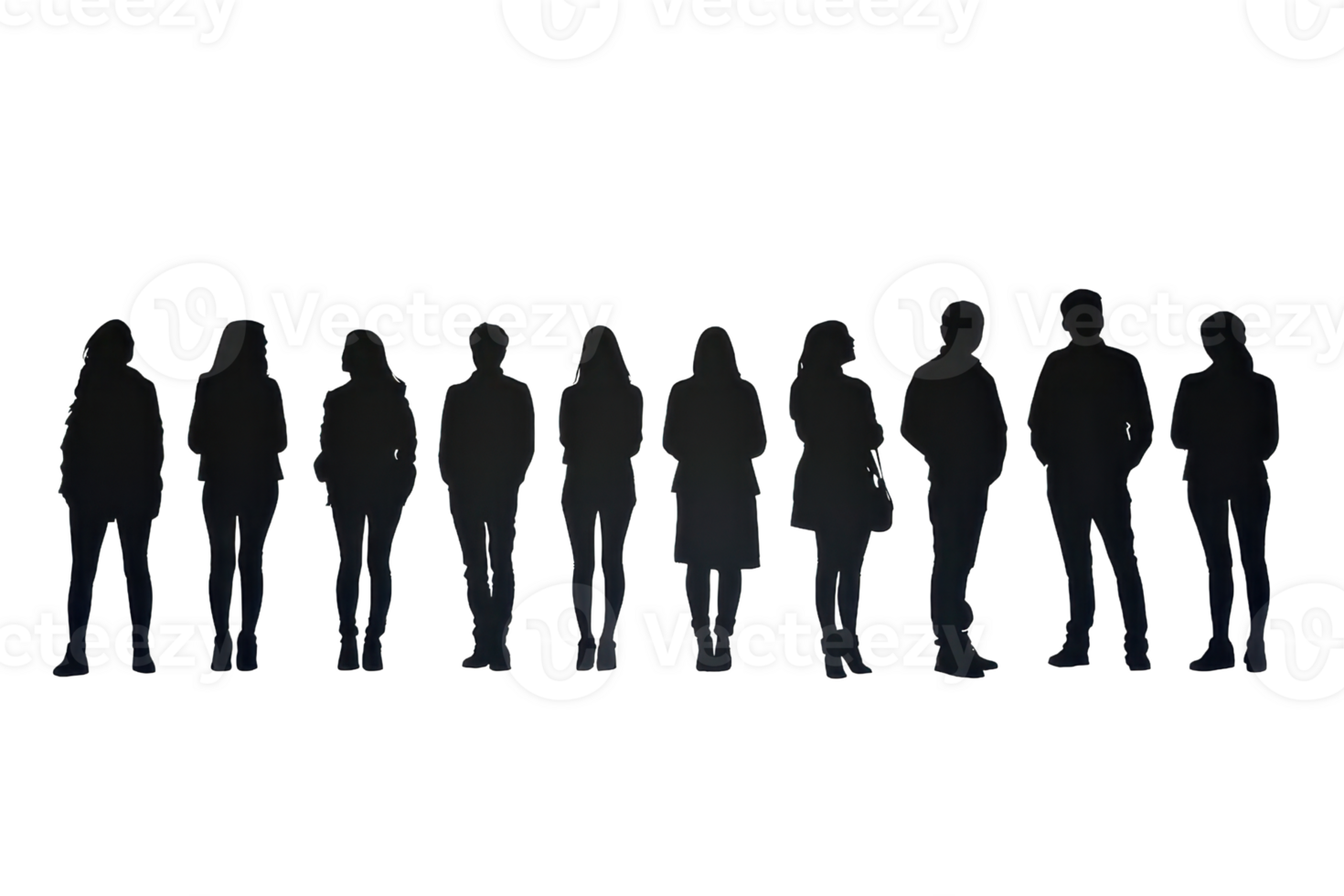 Silhouette of diverse individuals standing together in unity, showcasing community and solidarity. Perfect for concepts of teamwork and togetherness. png