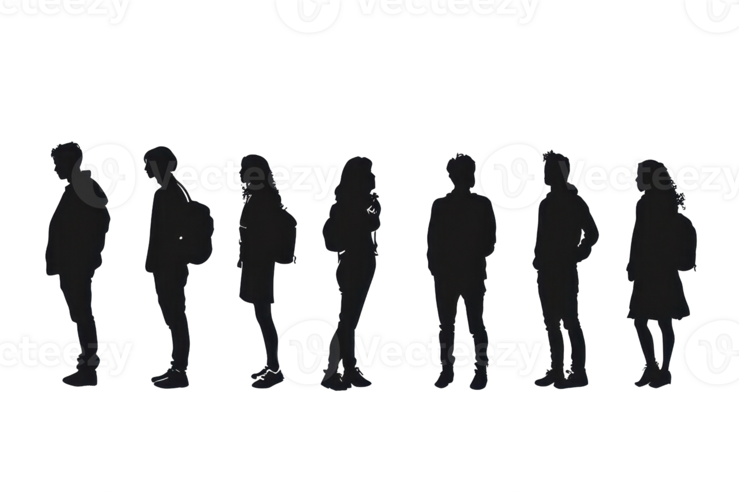 Silhouettes of people standing in line, side view. Perfect for concepts of waiting, order, and crowd. png