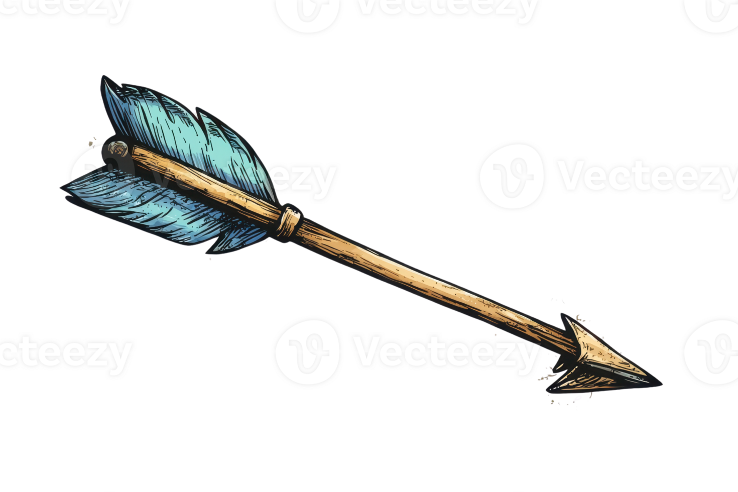 Detailed illustration of a single arrow with blue fletching and a sharp tip. Perfect for themes related to archery or medieval objects. png
