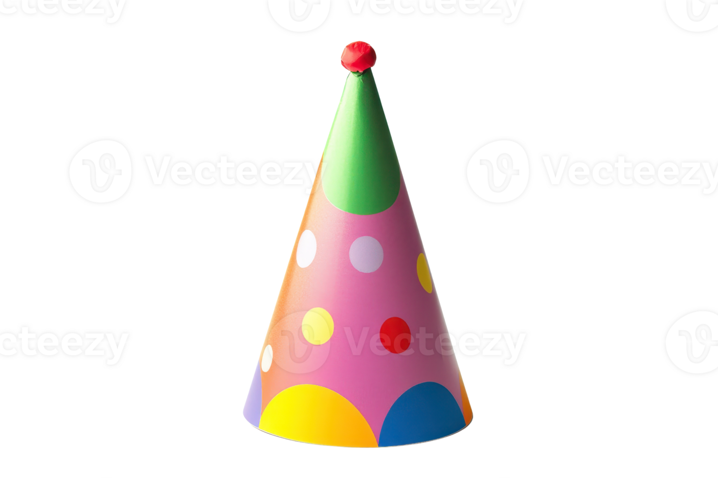Colorful party hat with polka dots and a red top, perfect for celebrations, birthdays, and festive occasions. Isolated on a transparent background. png