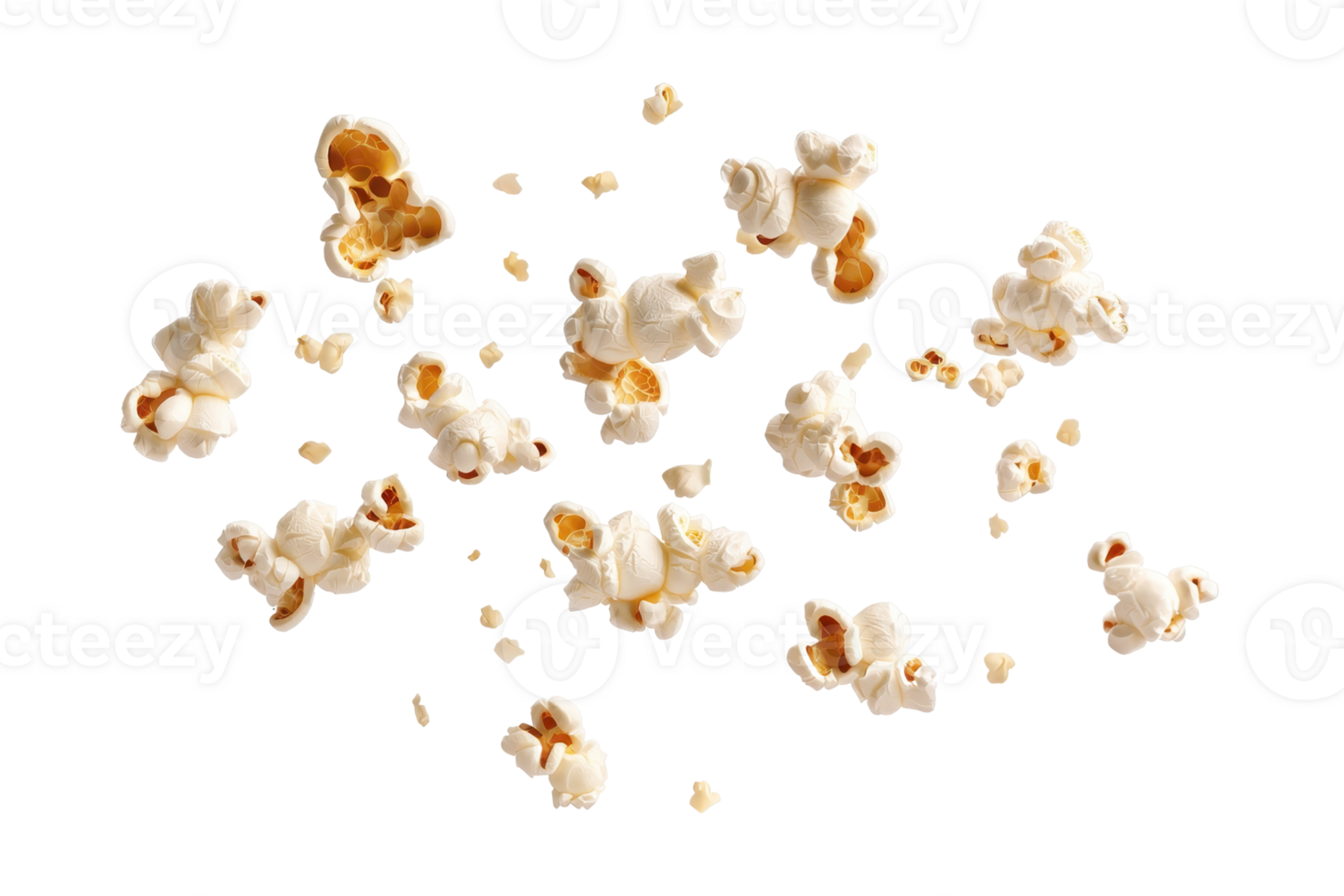 Scattered popped popcorn on a transparent background. perfect for cinema, snack, or food-related content, showcasing light, fluffy kernels. png