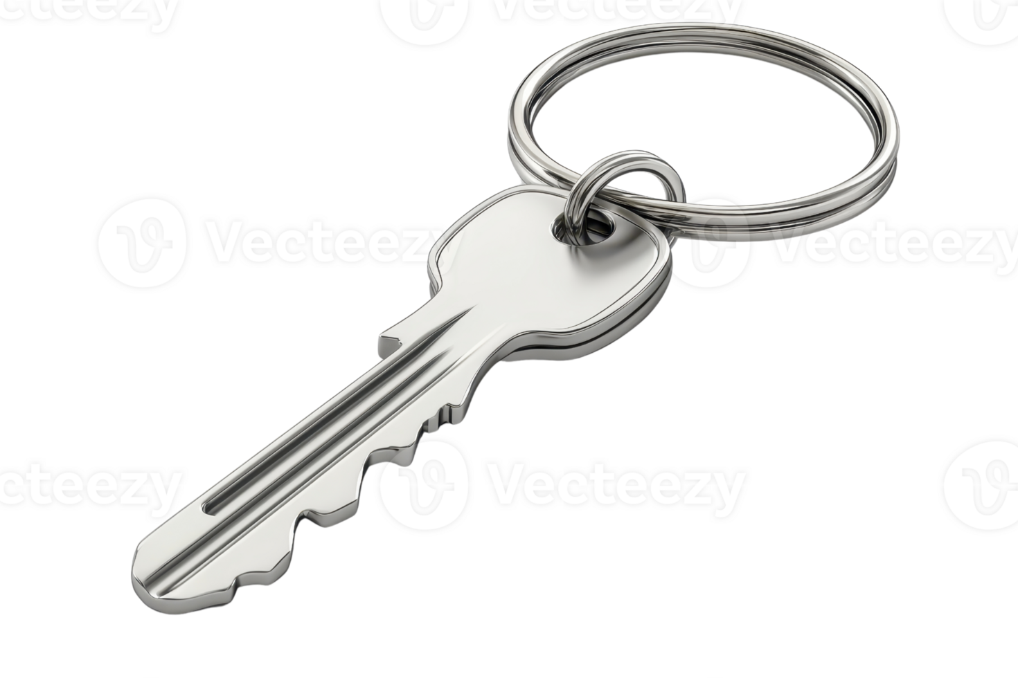 High-resolution image of a metal key on a keyring, ideal for use in security-related projects, real estate visuals, or as an icon. png