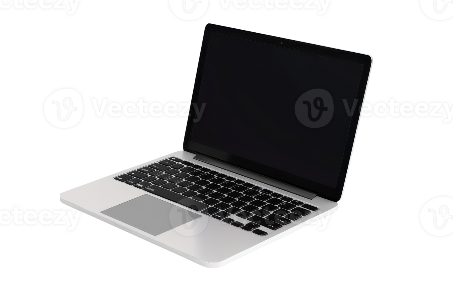 Sleek silver laptop with black keyboard and blank screen open at an angle, isolated on white, suitable for technology and office concepts. png