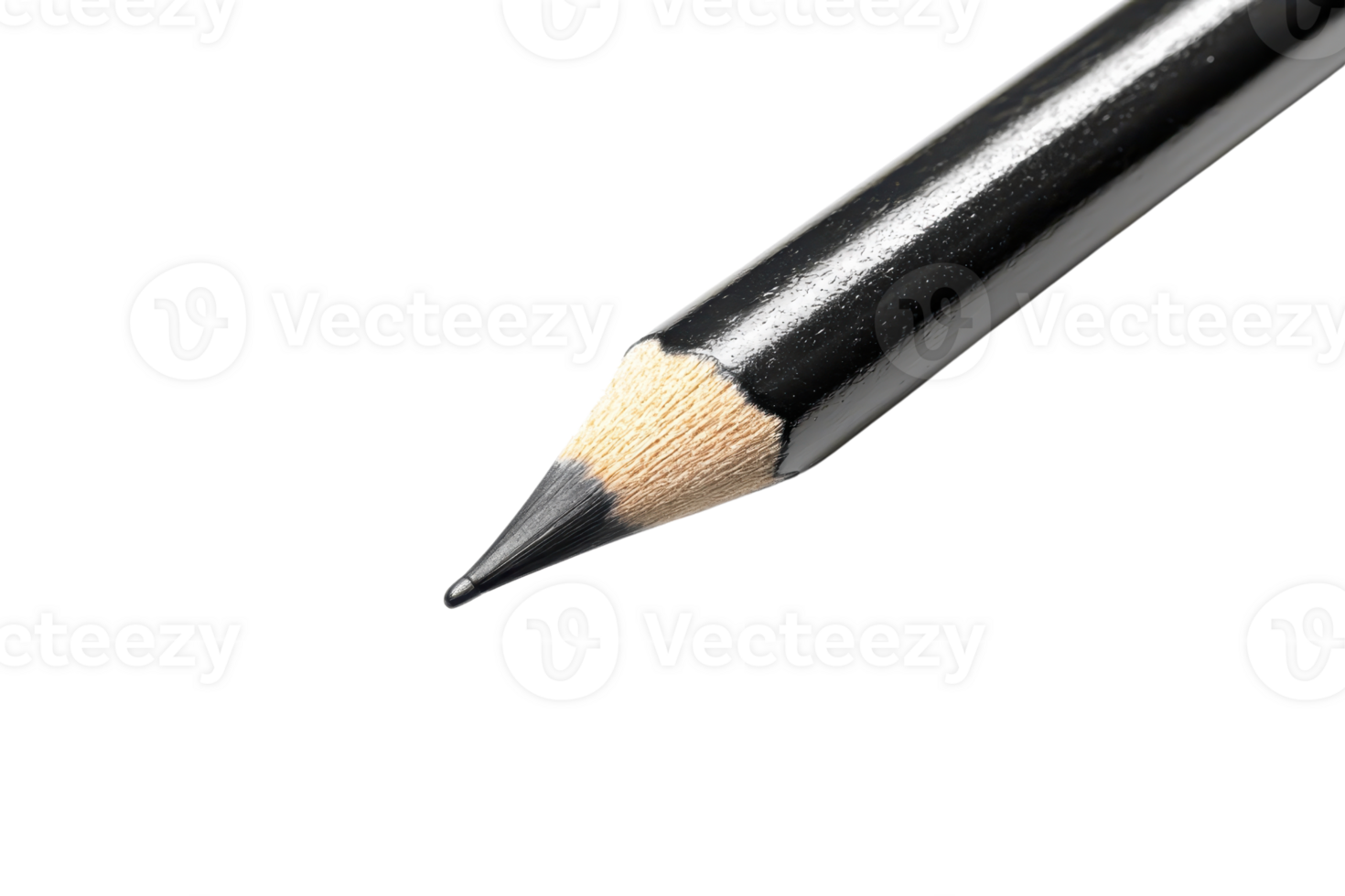 Close-up of a sharpened pencil with a black body and light wooden tip, isolated against a transparent background. Ideal for office or school themes. png