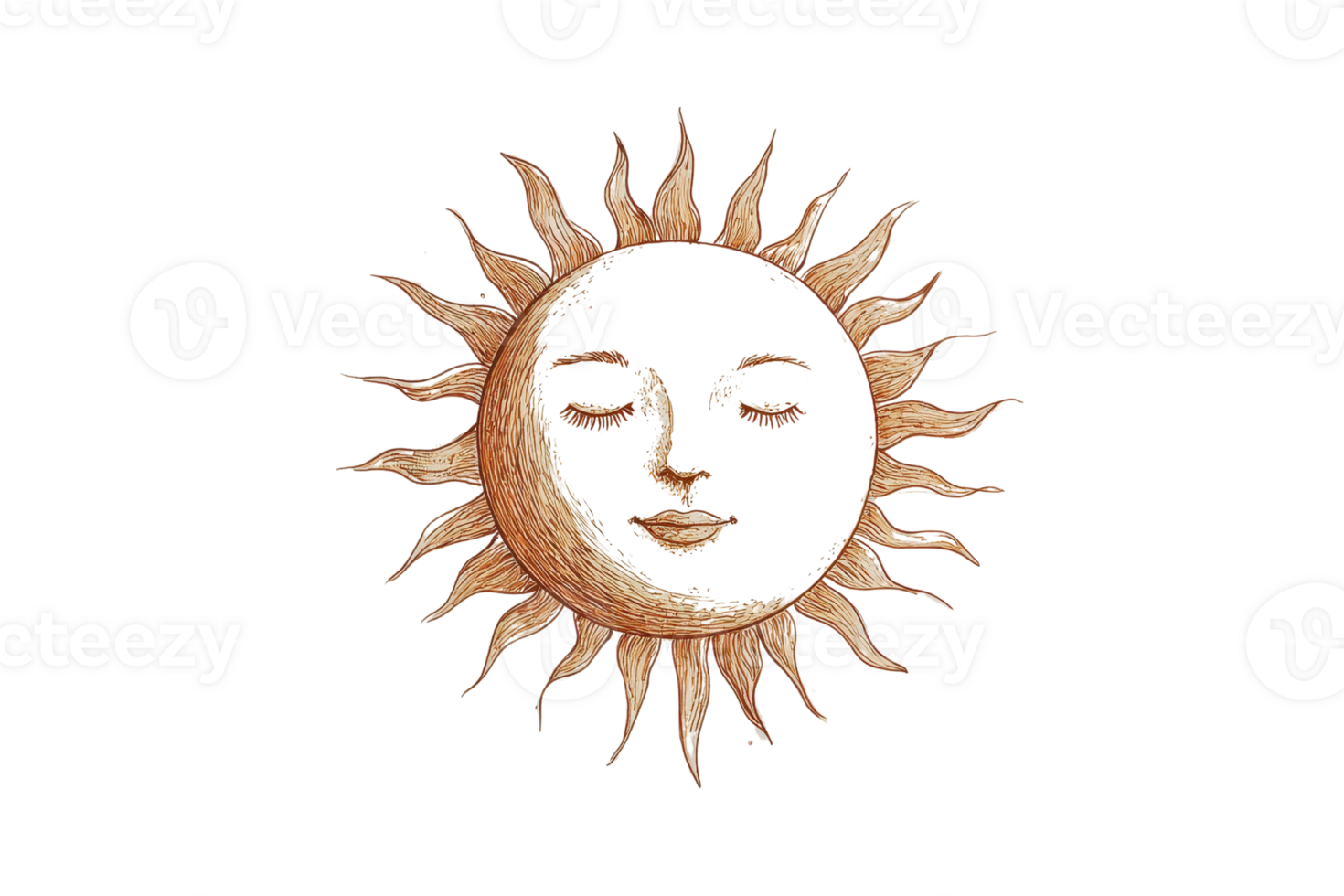 Artistic depiction of a sun and moon face with intricate details and vintage colors, blending celestial elements in a unique design. png
