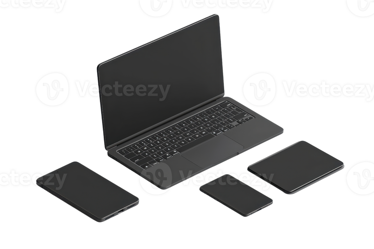 Minimalistic black electronic devices set including a laptop, tablet, and smartphone against a plain background for tech concepts. png