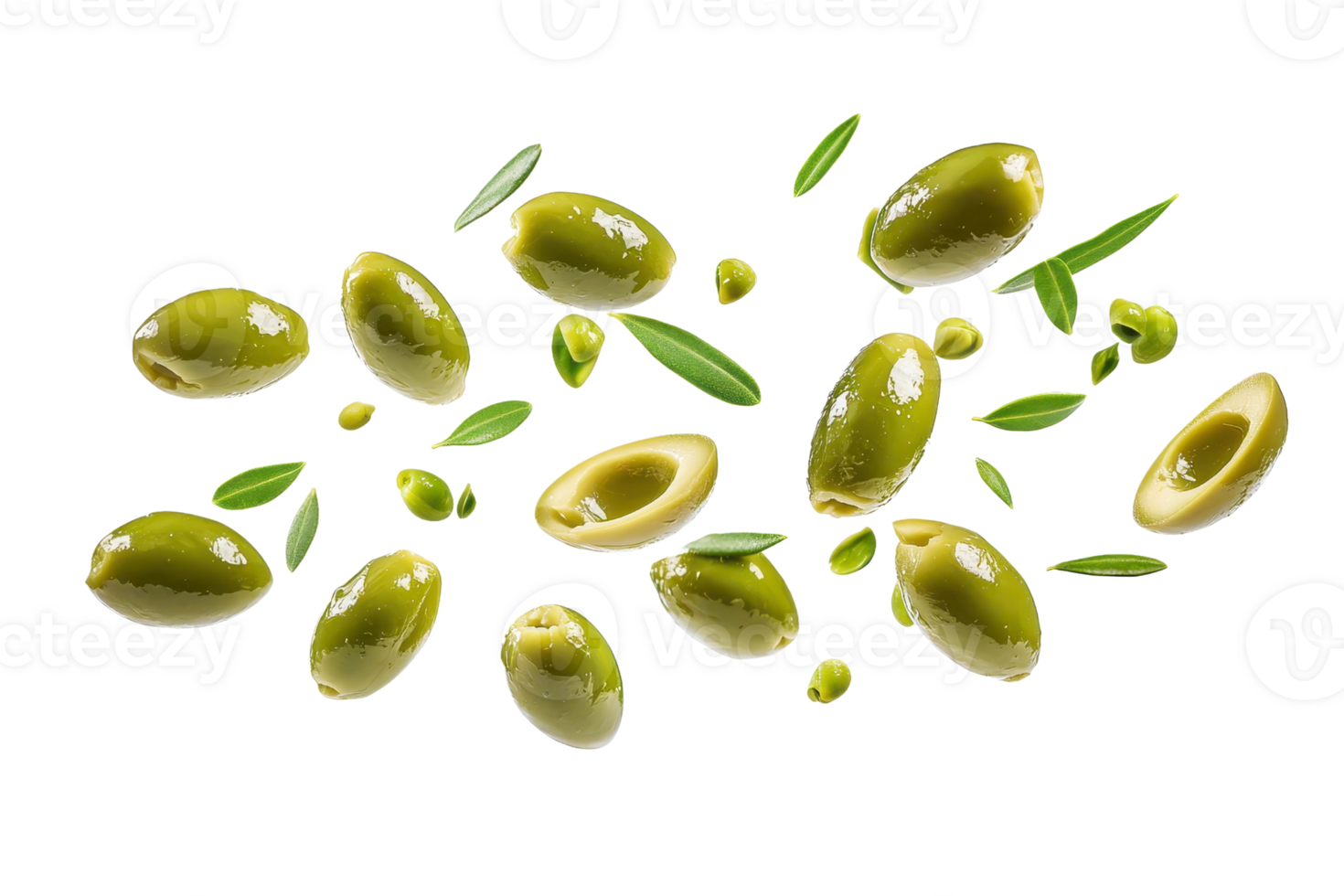 Fresh green olives with rosemary sprigs scattered on a transparent background. showcasing a Mediterranean culinary ingredient in a vibrant composition. png