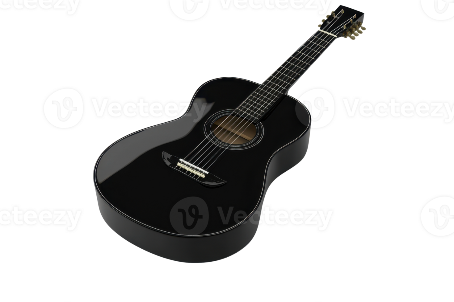Close-up of a sleek, black acoustic guitar on a transparent background. highlighting its intricate curves and string details in high resolution. png