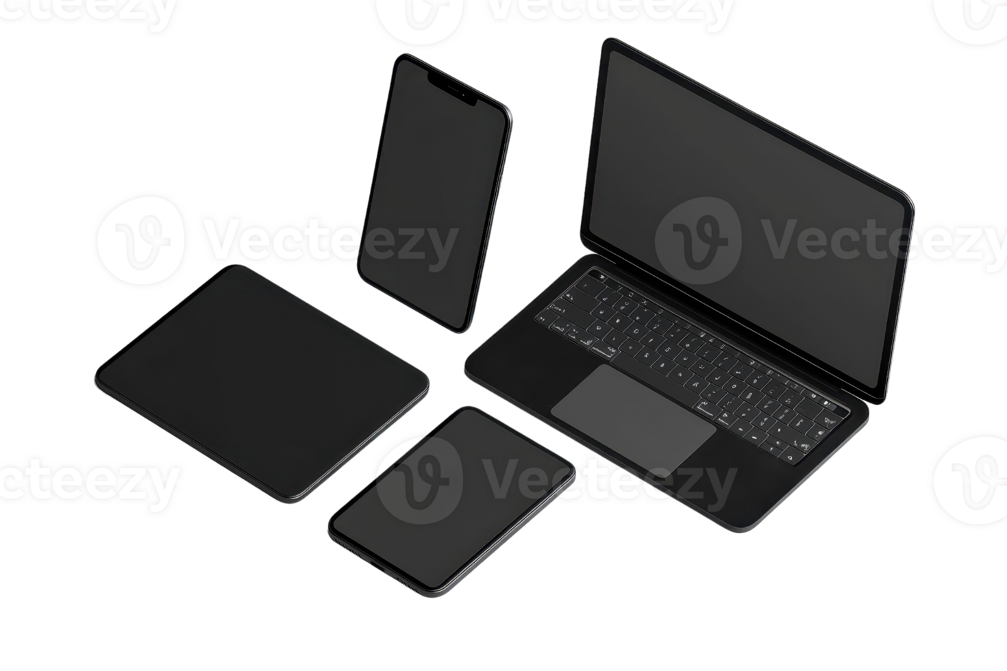 Modern black electronic devices including laptop, tablet, and phone isolated on transparent background. High-tech gadget collection for technology enthusiasts. png