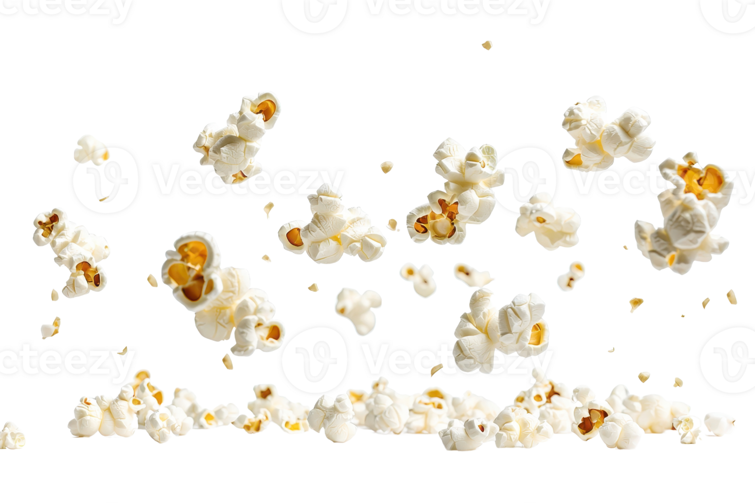 Tasty and fluffy popcorn popping in mid-air against a transparent background. perfect for snack and movie night themes. png