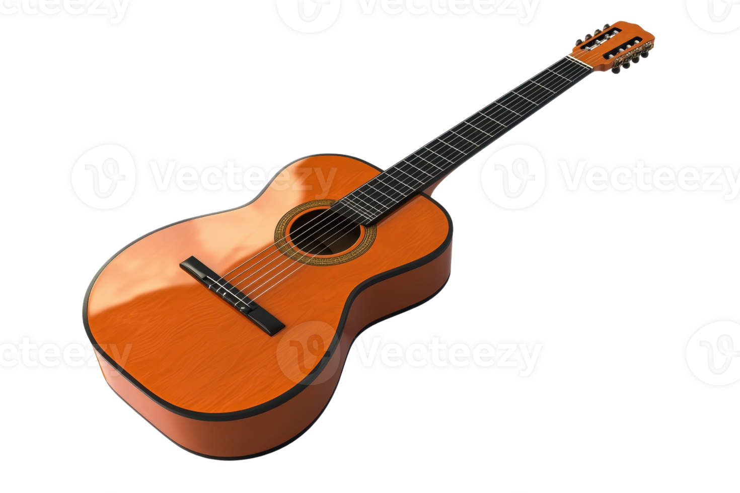 High-quality image of a classic wooden acoustic guitar, showcasing its natural finish and elegant design, perfect for music-related content. png