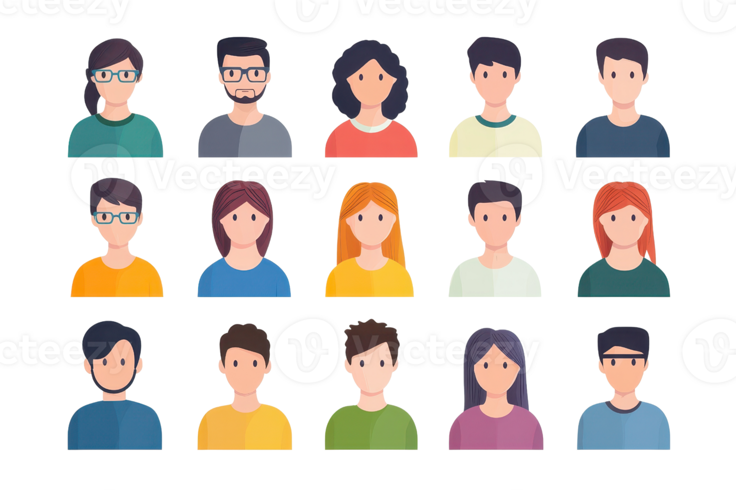 Collection of diverse cartoon character avatars in flat design style. Perfect for profiles, user interfaces, and social media illustrations. png