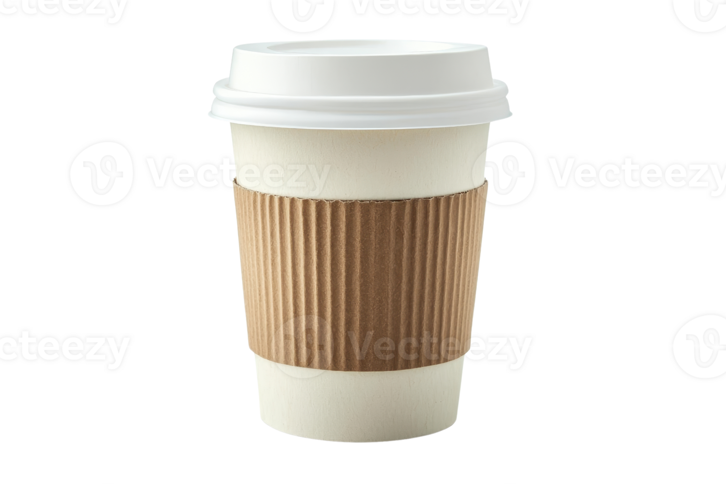 Disposable coffee cup with a white lid and brown sleeve, perfect for hot beverages on the go. Isolated on a transparent background. png