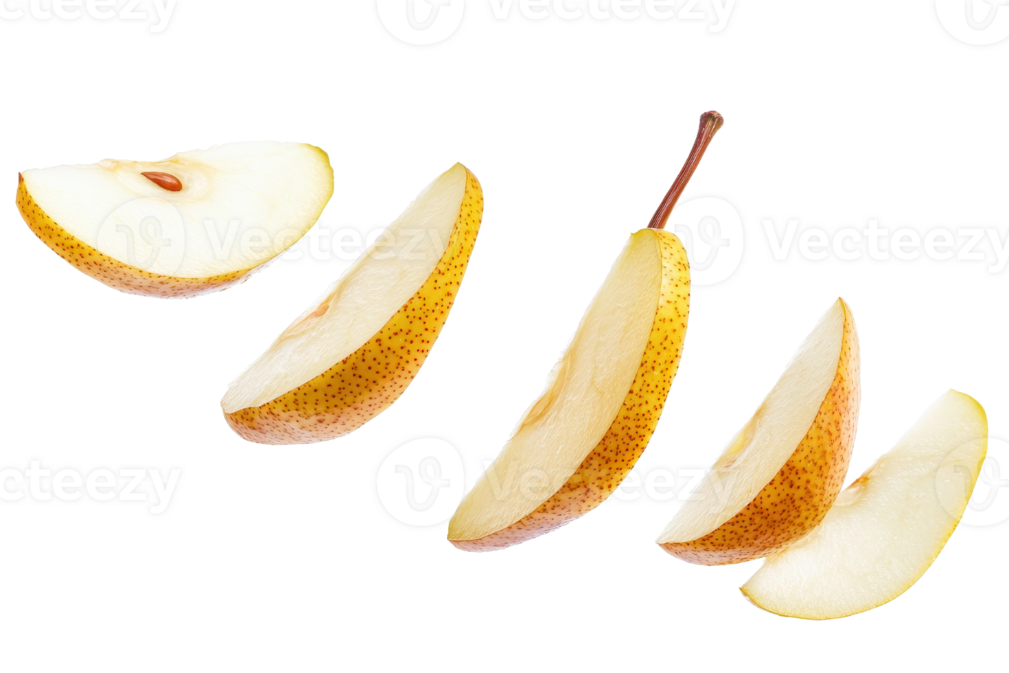 Close-up of fresh, sliced pear pieces arranged in a row on a transparent background. showcasing the juicy, ripe, and organic fruit. png