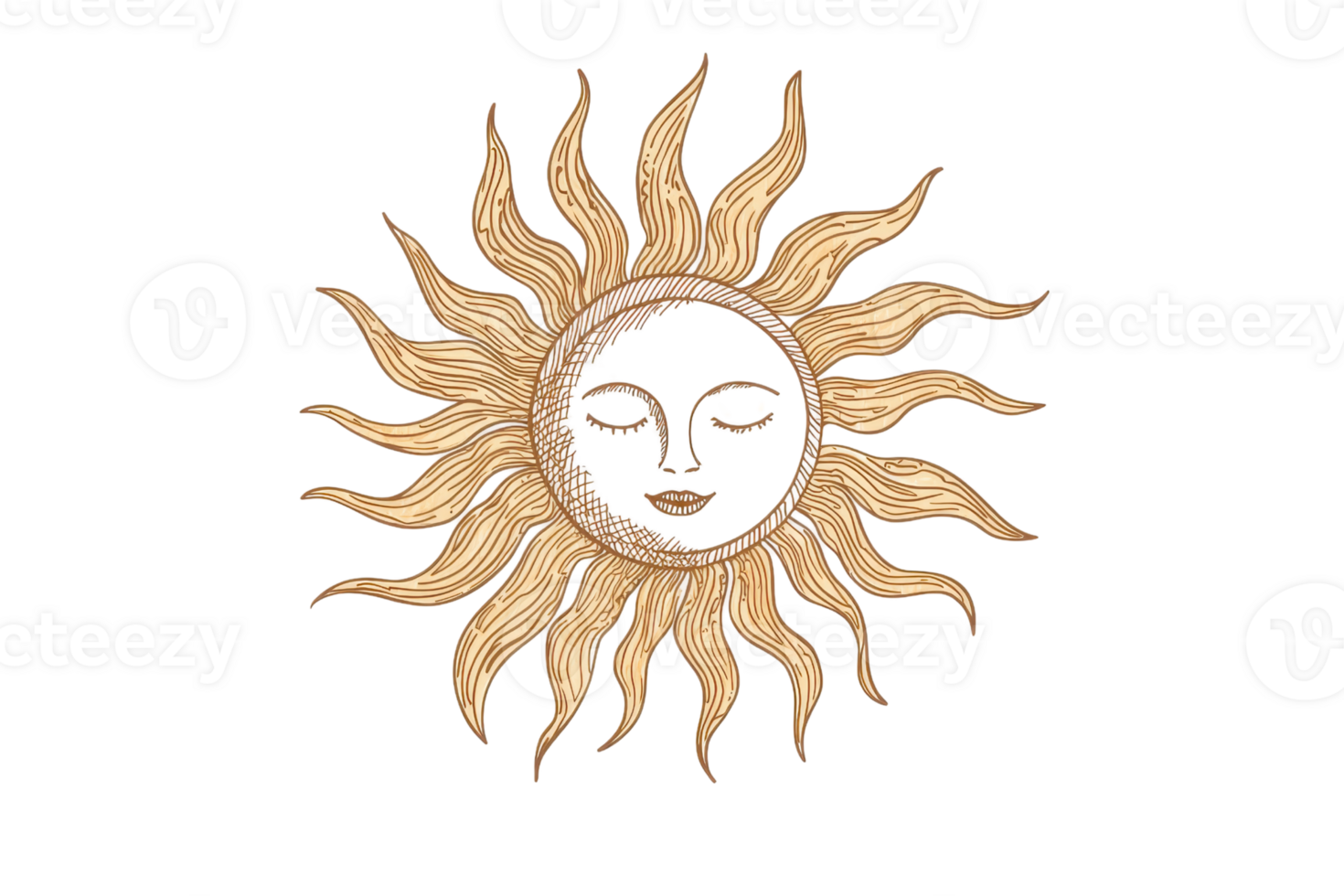 Hand-drawn, vintage-style sun illustration with wavy rays and a serene face, isolated on a transparent background. png