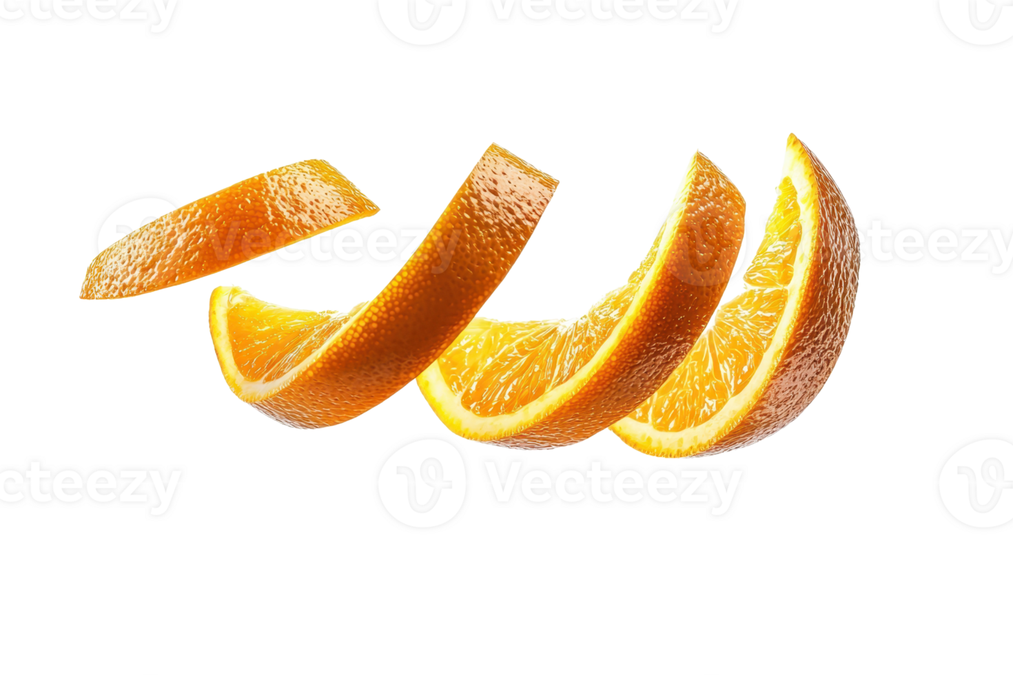 Peel and slices of an orange floating on a transparent background. showcasing freshness and vibrant color in detailed close-up. png
