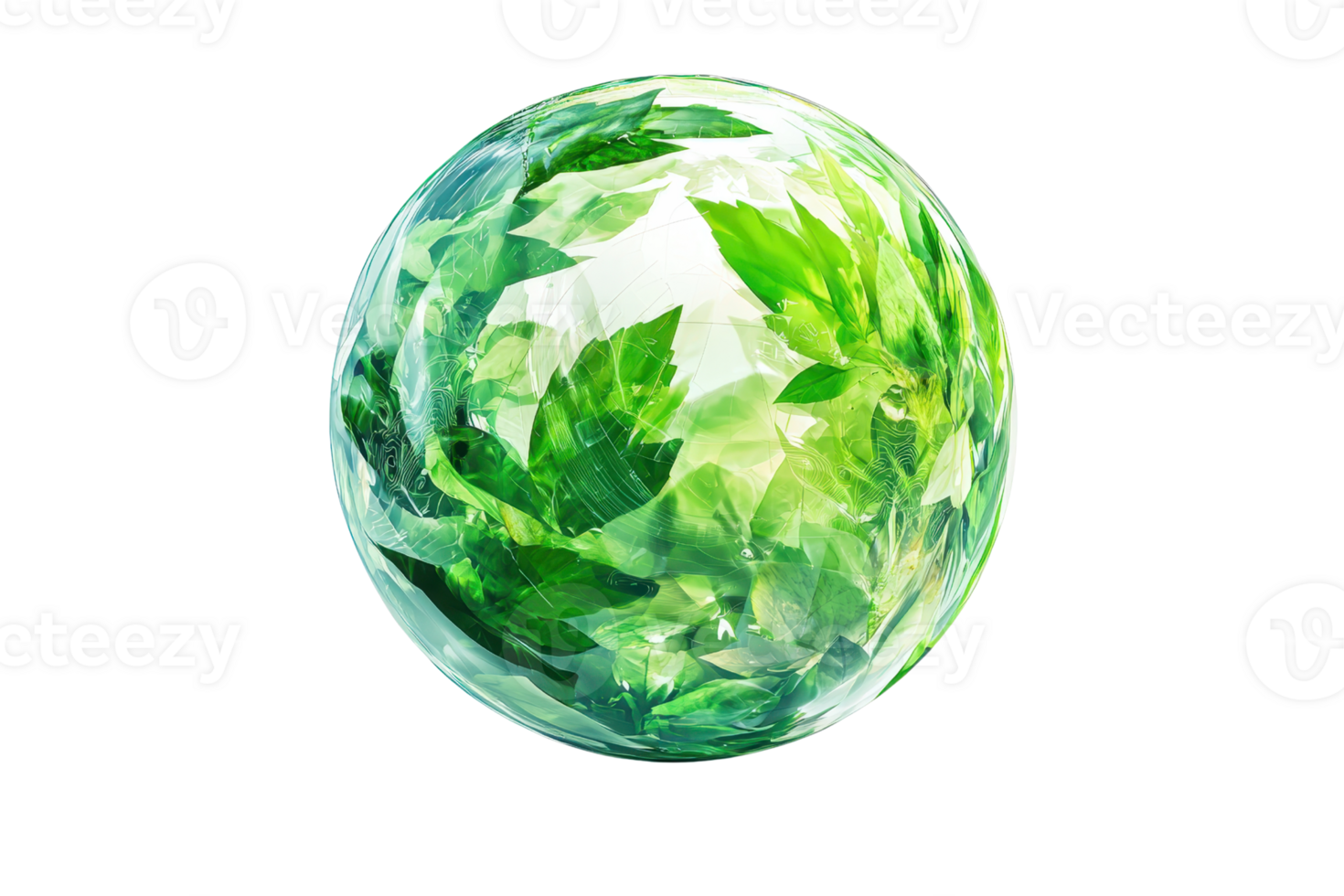 Abstract globe with green leaves, symbolizing environmental conservation and sustainable living, featuring a clear, eco-friendly theme. png
