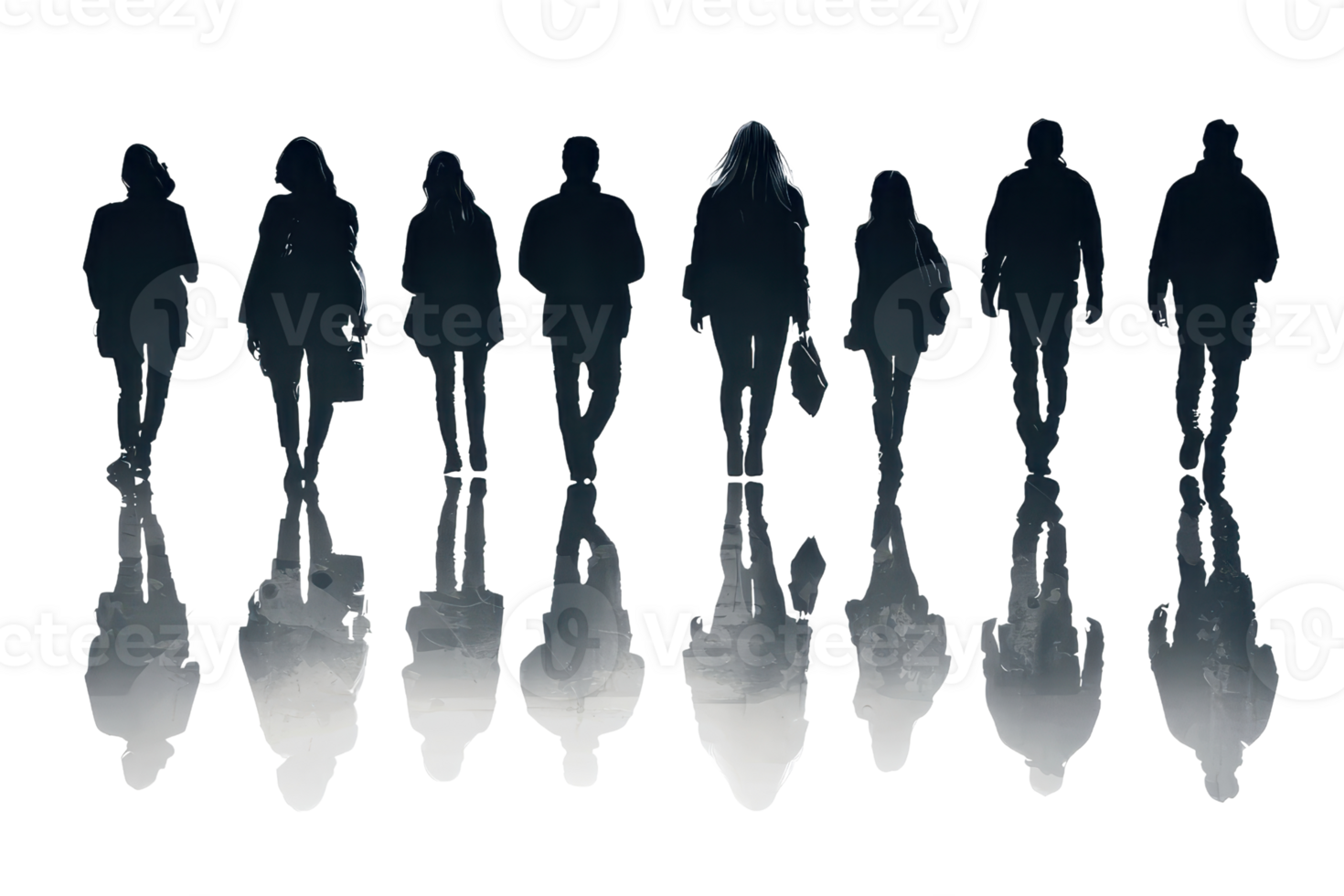 Silhouette of a group of people walking with long shadows, creating dramatic and mysterious effects against a transparent background. png