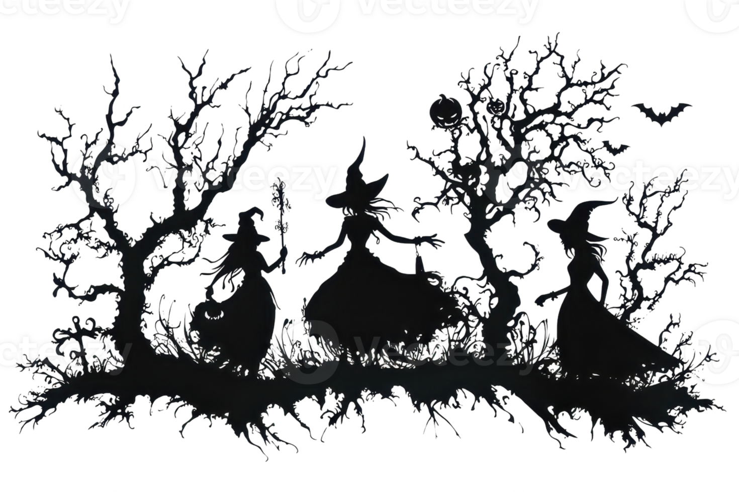 Silhouette of three witches in a dark, mysterious forest with bare trees and a bat flying above. Perfect for Halloween-themed projects. png