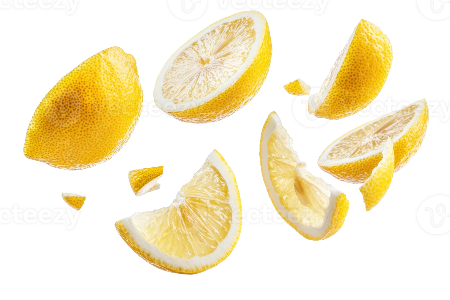 Fresh lemon slices and wedges isolated on a transparent background. perfect for culinary use or citrus-themed designs. png