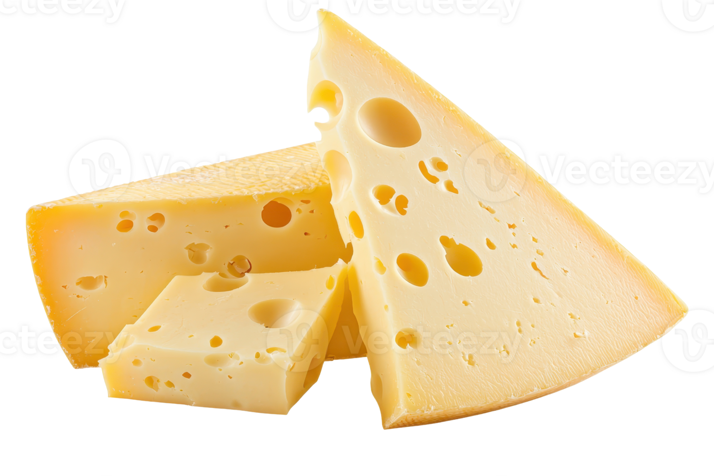 Cheese with holes in slices and wedge on transparent background. showcasing a classic dairy delicacy ideal for cuisine and culinary presentations. png