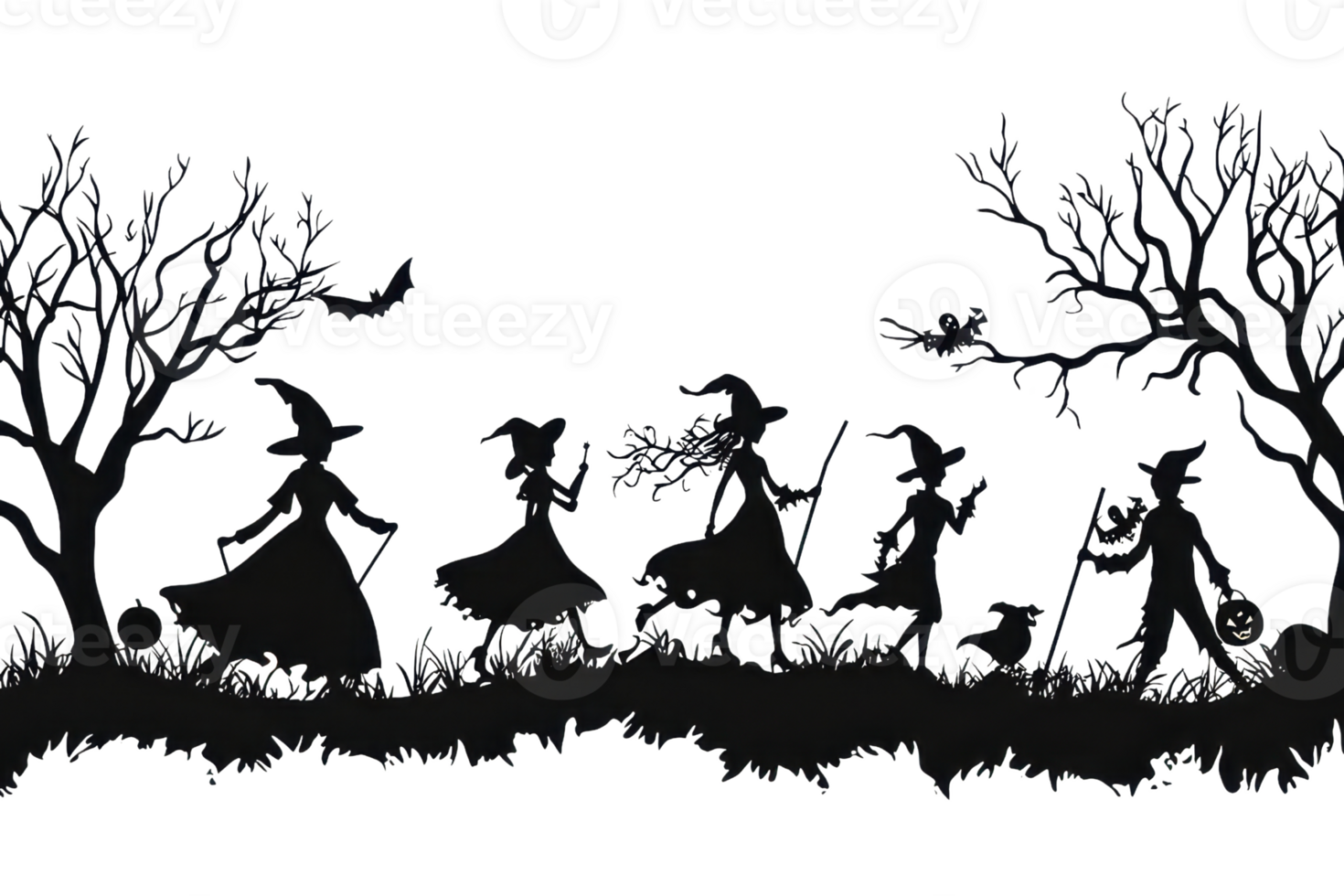 Silhouette of witches with children walking in nature, featuring trees with branches, capturing a magical night scene. png