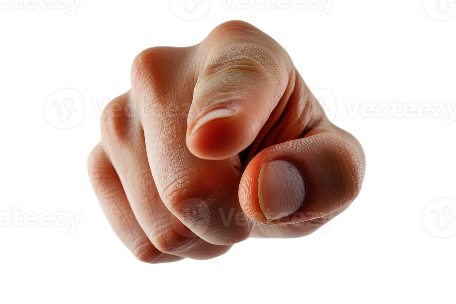 Close-up of a human hand pointing towards the viewer, isolated on a transparent background. Concept of direction, choice, or selection. png