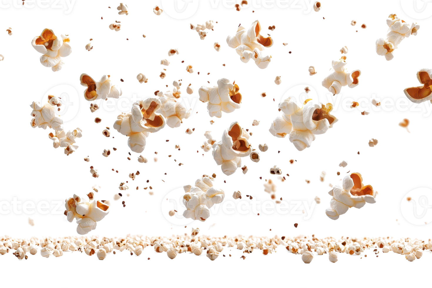 Bursting popcorn in mid-air, isolated on transparent background. perfect for cinema, snack, and food-related themes. png