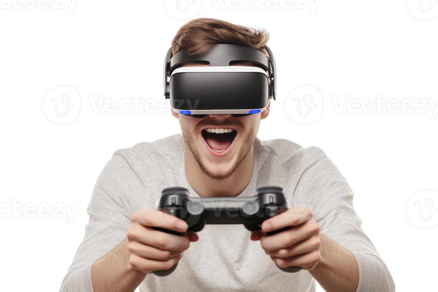 Excited young man playing games with VR headset and controller, isolated on transparent background. png