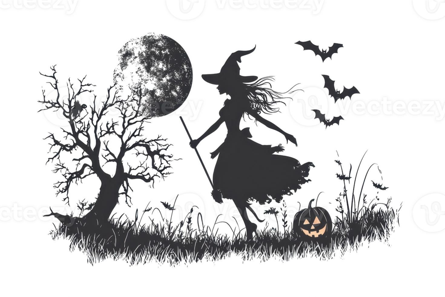 Silhouette of a witch flying on a broomstick against the full moon with bats, a tree, and a jack-o-lantern. Perfect for Halloween themes. png